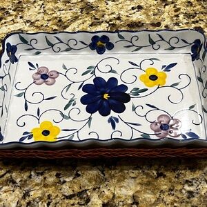 Floral Ceramic Serving Tray with Wicker Base